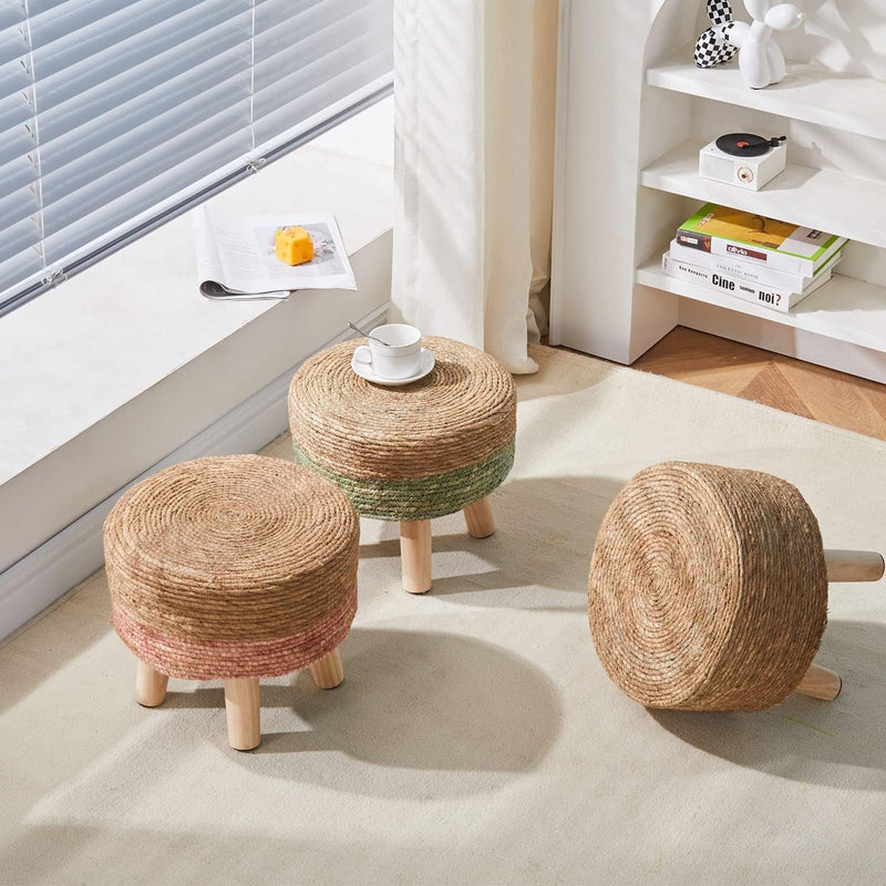 Cpintltr Foot Stool Natural Seagrass Hand Weave Poufs round Ottoman for Couch Desk Soft Step Stool Padded Foot Rest with Non-Skid Pine Legs for Hallway Office Lounge Natural