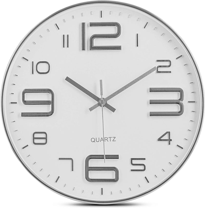 Bernhard Products Silver Wall Clock 12 Inch Silent Non-Ticking Quality Quartz Battery Operated round White Decorative Modern Design for Home/Office/Kitchen/Bedroom/Living Room (Silver & White)