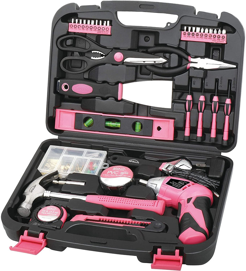 Apollo Tools Original 39 Piece General Household Tool Set in Toolbox Storage Case with Essential Hand Tools for Everyday Home Repairs, DIY and Crafts - Pink Ribbon - Pink - DT9706P