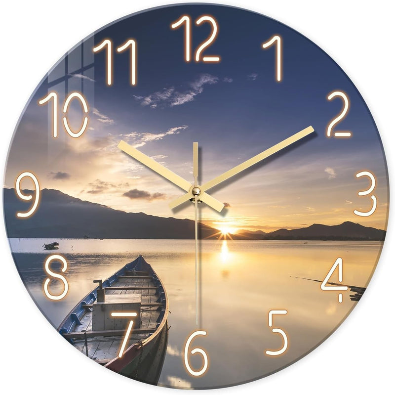 Beach Wall Clock Battery Operated 12 Inch - Glass Wall Clock Non Ticking - Analog Blue Wall Clock for Bedroom Living Room Kitchen Bathroom Office