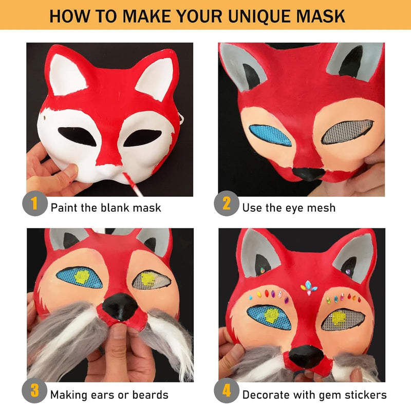 Cat Fox Mask 3PCS with Furs Eye Meshes and Gem Stickers, Therian Dress up Masks to Paint, Animal Mask Arts Crafts Kit, Costume Masks for Halloween Masquerade Cosplay Party Interaction