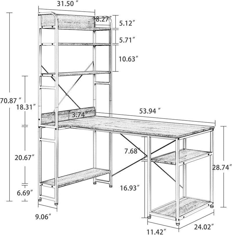 DANGRUUT Modern Industrial Home Office Computer Desk with 5 Tier Storage Shelves, 54 Inch Study Writing Table PC Workstation with Bookshelves & Metal Frame & Wood & Adjustable Foot Pads (Black)