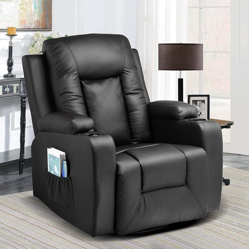 COMHOMA Leather Recliner Chair Rocker with Heated Massage Ergonomic Lounge 360 Degree Swivel Single Sofa Seat Drink Holders Living Room Chair Black