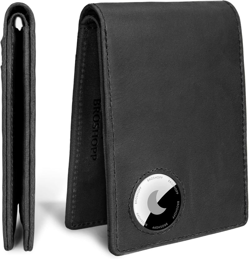 Airtag Wallet Men, Bifold Genuine Leather Rfid Blocking Airtag Wallet with Cash Slots ID Window, Compatible Apple Air Tag Holder