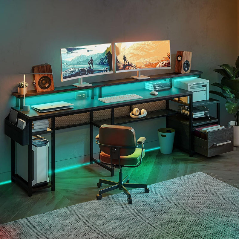 BELLEZE Computer Desk with Monitor Stand and File Cabinet, 104" Long Gaming Desk with RGB LED Lights and USB AC Outlet, Reversible L-Shaped Desk for Home Office (Eclipse - Brown)