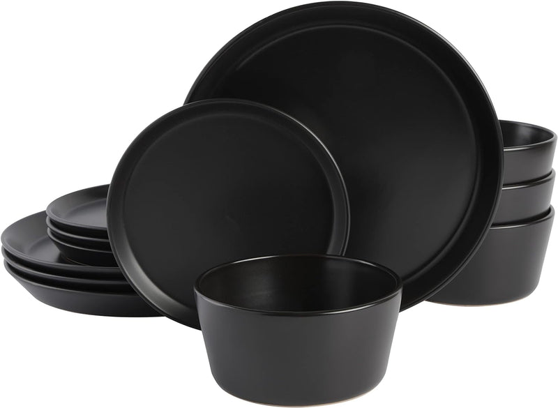 Gibson Soho Lounge Bowery 32 Piece Matte Black Stoneware Dinnerware Plates, Bowls, and Mugs Set - Service for 8