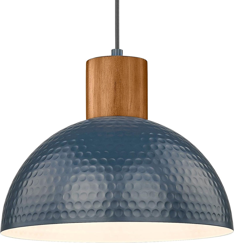 ELYONA Industrial Pendant Light, 12" Hammered Metal Dome Hanging Lamp Solid Wood Pendant Light Fixtures for Kitchen Island, Farmhouse, Dining Room, Sink, Bedroom, Hallway, Modern Blue