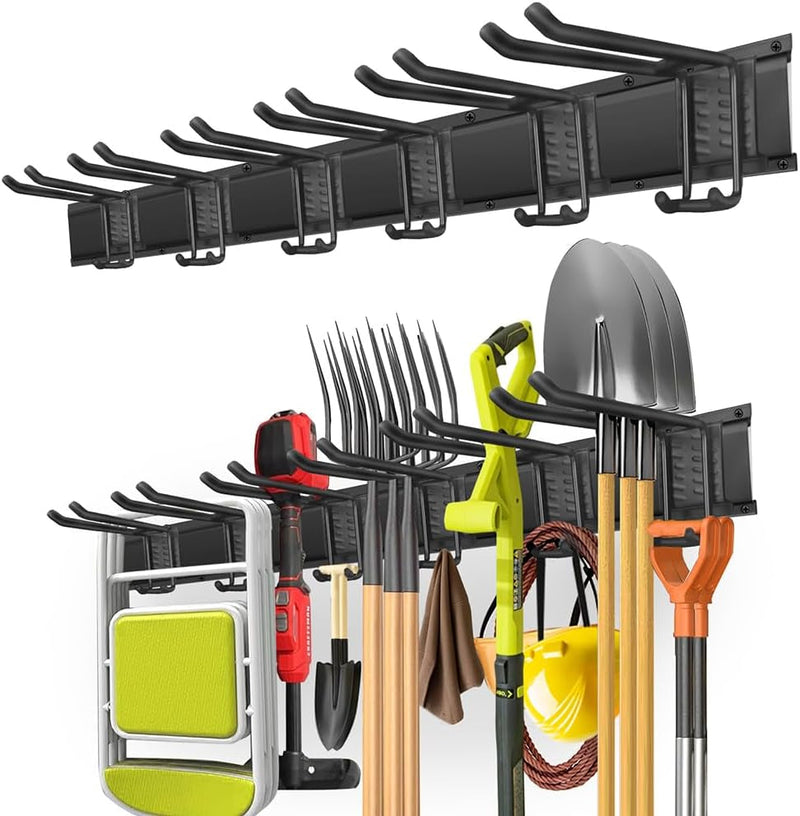 Garage Organization, Garage Tool Organizer Wall Mount with 48 Inches Rails and 6 Double-Layer Hooks, Garden Tool Rack Heavy Duty, Garage Hanging Storage Rack for Yard Tools, Shovel, Shed