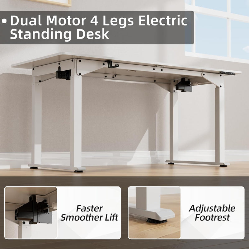 Electric Standing Desk 4 Legs, 63 X 28 Inches Height Adjustable Table with Strong Dual Motor, Computer Workstation with Memory Preset for Home Office, White