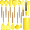 14 Pcs Silicone Cooking Utensils Kitchen Utensil Set - 446°F Heat Resistant,Turner Tongs, Spatula, Spoon, Brush, Whisk, Wooden Handle Gray Kitchen Gadgets with Holder for Nonstick Cookware (BPA Free) Home & Garden > Kitchen & Dining > Kitchen Tools & Utensils oannao Yellow  