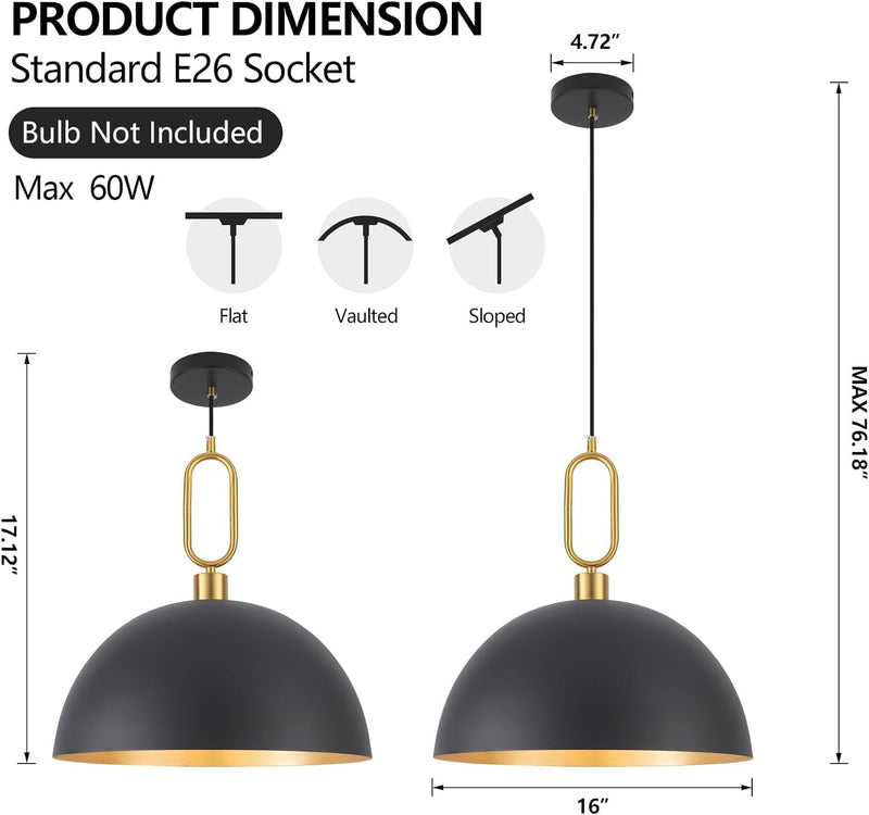 16" Farmhouse Pendant Light for Kitchen Island Black and Gold Large Dome Hanging Light Modern Industrial Pendant Light Fixtures for Dining Room Bedroom Hallway