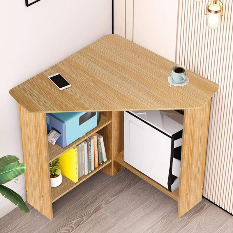 Corner Desk, Small Computer Desk with Drawers and Storage Shelves, Triangle Corner Computer Desk Writing Study Table for Home, Office, Workstation, Bedroom Light Brown