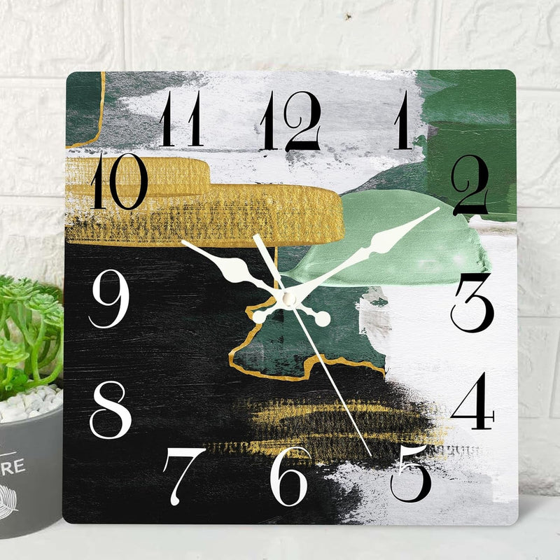 Artsocket Wooden Wall Clock Silent Non-Ticking, Green Blue Grey Teal Abstract Painting Gray Square Rustic Coastal Wall Clocks Decor for Home Kitchen Living Room Office, Battery Operated(12 Inch)