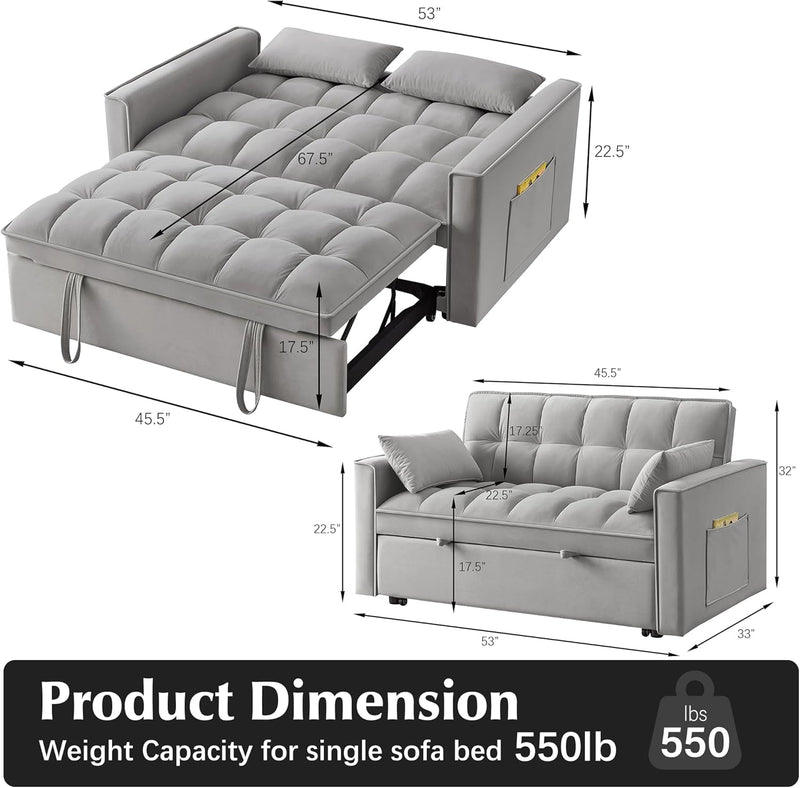 3 in 1 Sleeper Sofa Couch Bed, Velvet Convertible Sofa Bed with Armrests, Storage Pockets & 2 Pillows, Modern Sofa Bed Couch for Living Room Apartment Bedroom Office, Gray
