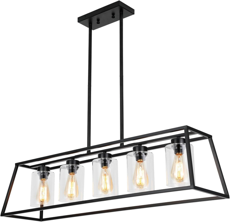 Black Farmhouse Chandeliers for Dining Room, Rustic Kitchen Island Light Fixture, 4-Light Linear Pendant Lights Kitchen Island with Glass Shade ，Apply to Dining Room Light Fixtures over Table
