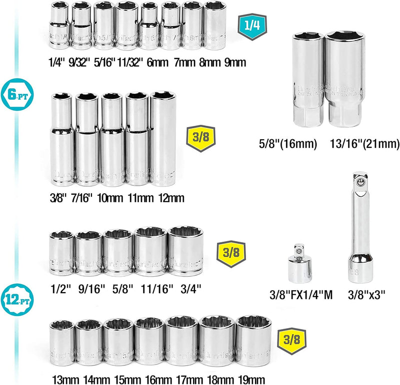 DURATECH 3/8" & 1/4" Socket Set, 30 Piece Standard (SAE) and Metric Sockets for Mechanics,90 Tooth Quick-Release Ratchet, Socket Adapters and Extension Bar Included