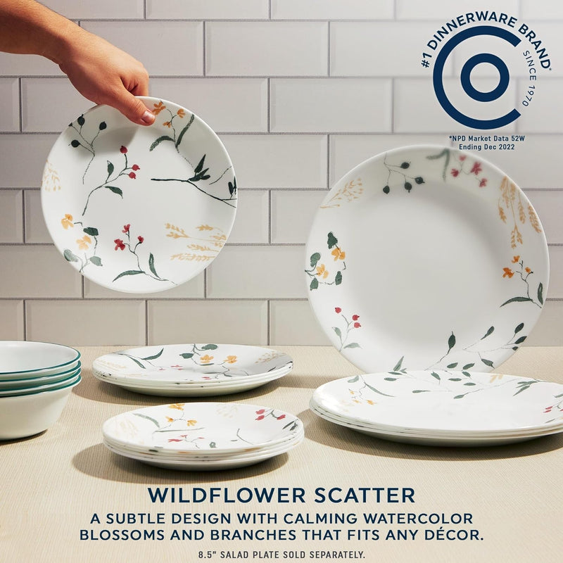 Corelle Vitrelle 18 Piece Glass Dinnerware Sets, Service for 6, Triple Layer Chip & Crack Resistant Glass Plate and Bowl Sets, Wildflower