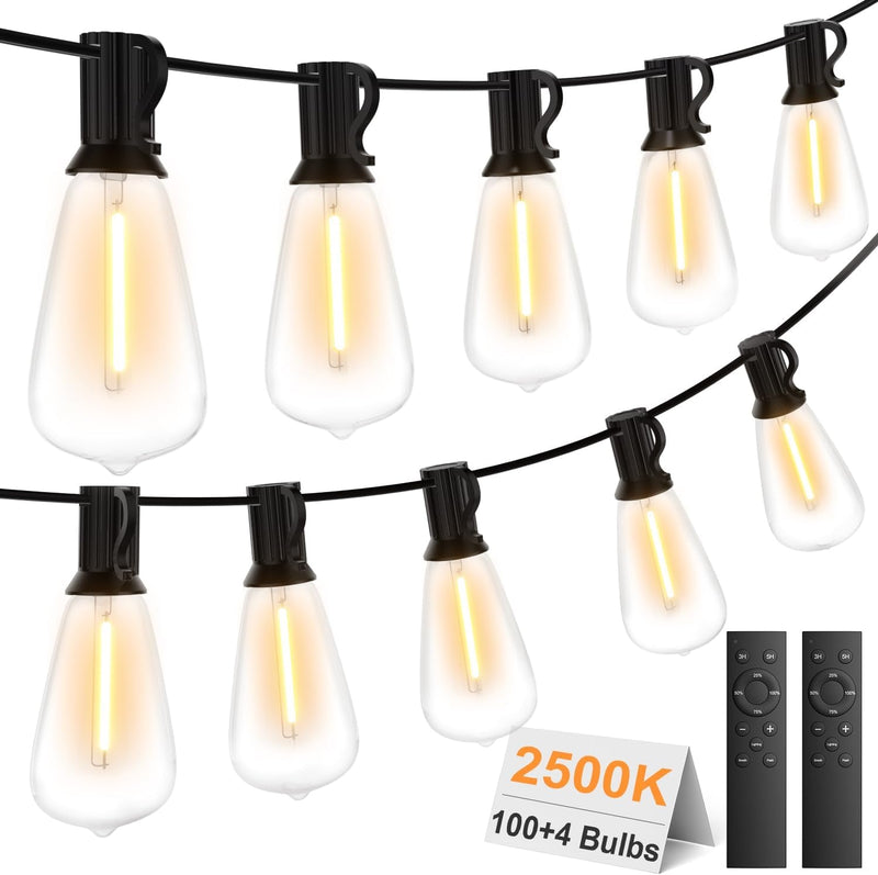 100FT LED Outdoor String Lights for outside Remote 52 Edison Vintage Bulbs ST38 Dimmable Patio Lights Waterproof Shatterproof Timer for Garden Deck Backyard Yard House Hanging Lighting 2500K