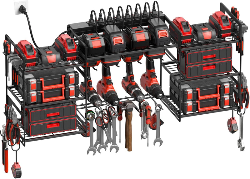 CCCEI Organisateurs d'outils électriques noirs à montage mural, grands outils et station de charge pour le stockage de la batterie. Support pour 8 perceuses, tout en métal, étagères utilitaires de garage avec multiprise de 6 pieds. Cadeau pour homme.