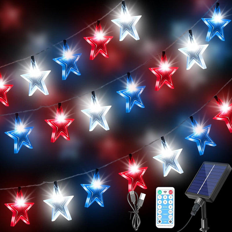 4Th of July Decorations Star Lights, 45FT 90Led Red White and Blue String Lights with 8 Modes, Battery Operated & USB Charge Patriotic Lights for Indoor Outdoor Garden, Golf, Cart Memorial Day Decor