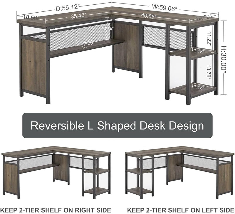 FATORRI L Shaped Computer Desk and 5 Tier Bookshelf for Home Office (Walnut Brown)