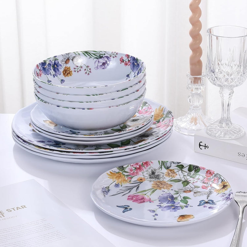 12 Piece Melamine Dinnerware Sets - Plates and Bowls Sets Floral Dinnerware Sets- Spring Camping Dishs Indoor Outdoor Use,Flowers and Butterflies Pattern