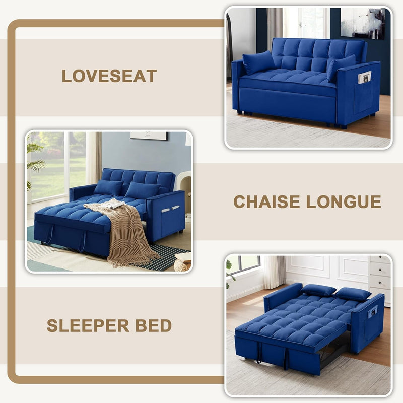 55'' 3-In-1 Sleeper Loveseat 2-Seater Pull Out Couch, Velvet Futon Adjustable Backrest, Reclining Sofa Bed with Pillows, Pockets, Perfect for Small Spaces, Living Room Furniture, Blue