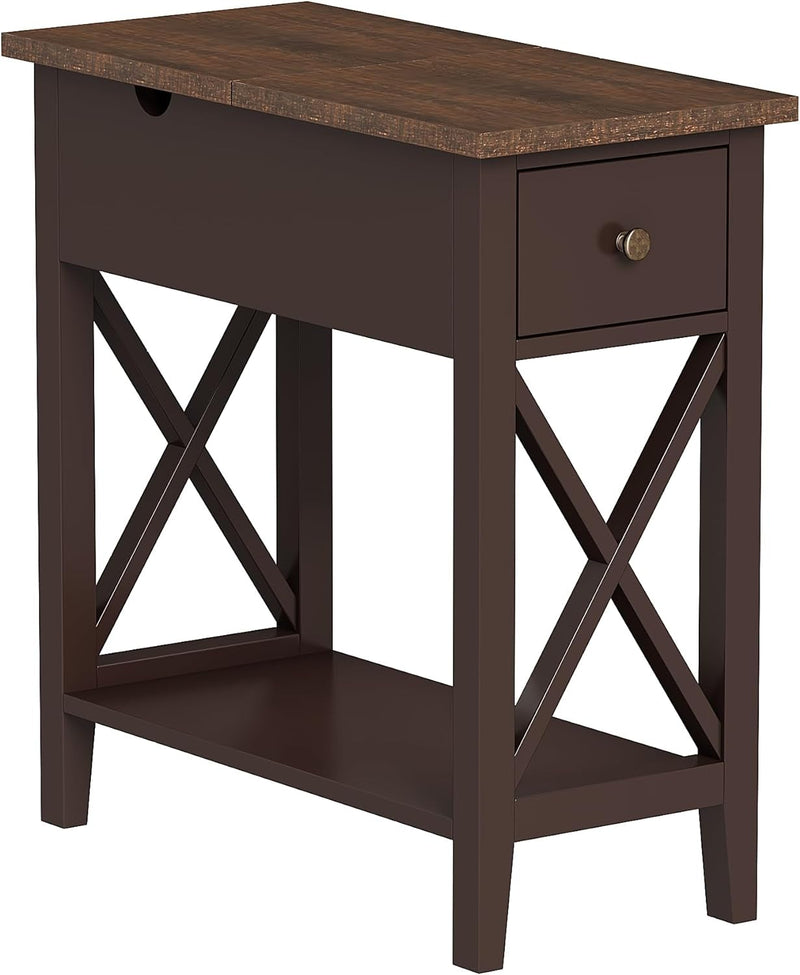 Choochoo End Table, MDF Material Flip Top Narrow End Table with Drawer, Accent Small Side Table Nightstand for Living Room, Bedroom, and Small Spaces - Espresso