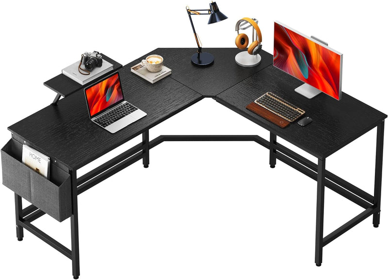 Dlandhome L-Shaped Computer Desk 59 Inches X 59 Inches, Composite Wood and Metal, Home Office PC Laptop Study Workstation Corner Table with CPU Stand, Brown Black and Black Legs, ZJ02-BB