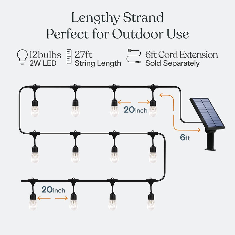 Brightech Ambience Pro Solar Powered Outdoor Patio String Lights - Commercial Grade 27 Ft Waterproof with 12 Edison Bulbs , Shatterproof LED - 2W , Soft White
