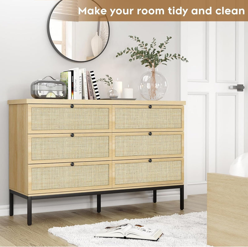 Brafab Natural Rattan 6 Drawer Double Dresser for Bedroom, Industrial Wood Clothing Organizer Boho Dresser, Wide Storage Chest of Drawers Dresser with Sturdy Steel Legs for Living Room Hallway