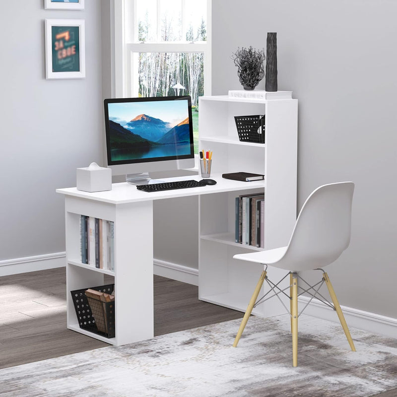 HOMCOM Modern Home Office Desk with 6-Tier Storage Shelves, 47" Writing Table with Bookshelf, White