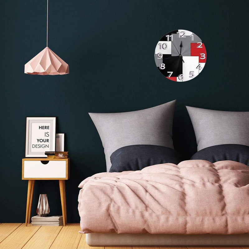 Geometric Decorative Wall Clock with Roman Numeral Hands White,Grey,Black and Red Irregular, round Durable Lightweight Waterproof for Living Room Classroom Patio Bedroom