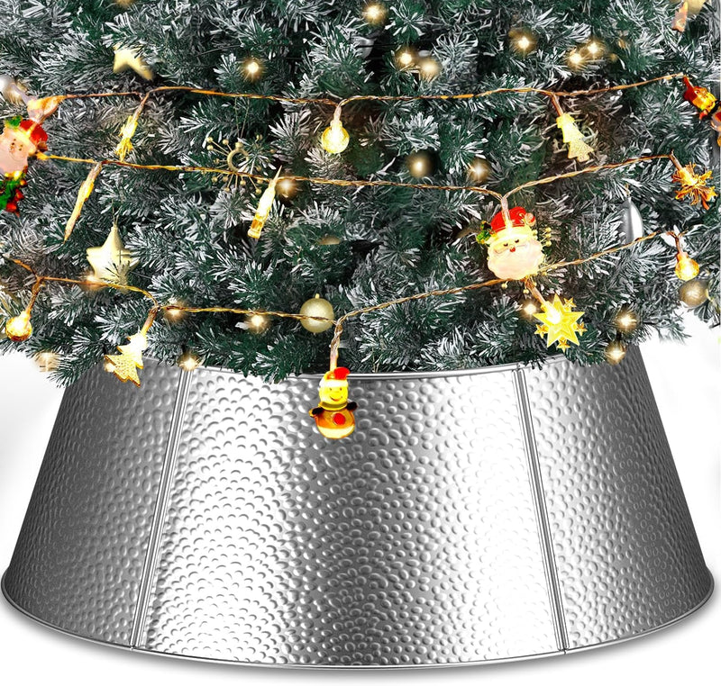 28" Metal Christmas Tree Collar with 20Ft 40 LED String Lights, Tree Base Cover Christmas Tree Ring Stand Holiday Skirt Decor Christmas Tree Decoration for Real or Artificial Trees, Gold