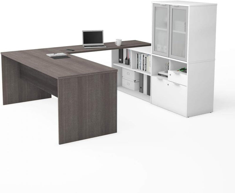 Bestar I3 plus U-Shaped Executive Desk with Frosted Glass Doors Hutch, 72W, Bark Grey
