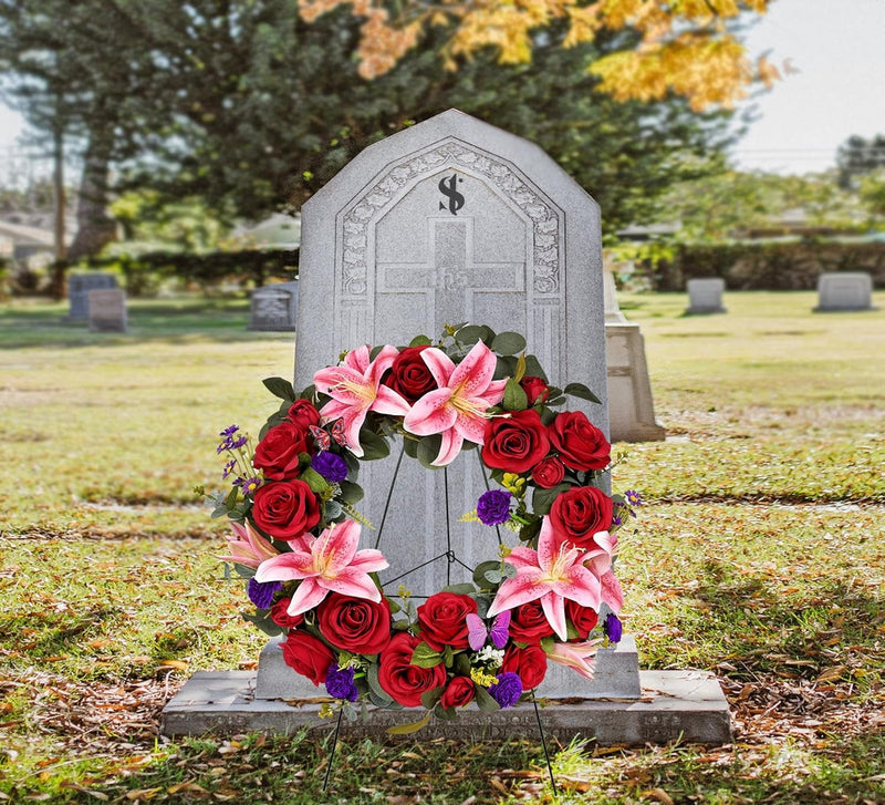 Cemetery Wreaths for Graves with 30 Inch Easel Stand,Handmade Headstone Wreath Flower with Hanger, Artificial Rose Lily Daisy and Carnation,Red/Pink