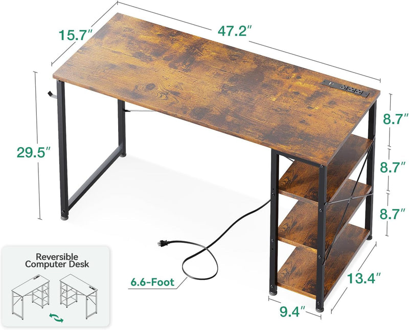 AODK Laptop Desk Office Desk, 48 Inch Computer Desk with Power Outlet and USB & Type-C Charging Port, Writing Desk with 3-Tier Reversible Storage Shelf for Home Office, 48'' X 16'', Rustic Brown