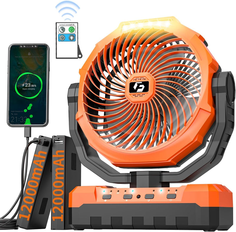 12000Mah Camping Fan - 9-Inch Detachable Rechargeable Battery Operated Fan with Light & Hook for Tent, Outdoor - USB Table Fan with 4 Speeds for Picnic, BBQ, Fishing, Travel, Gifts for Men/Women/Dad