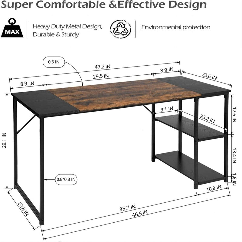 Furniturer Computer 47.2 Inch Rustic Student Laptop Writing Storage Shelves Space Saving, Simple Style PC Home Office Desk, L47.2 X W18.9 X H29.1, Black,Brown