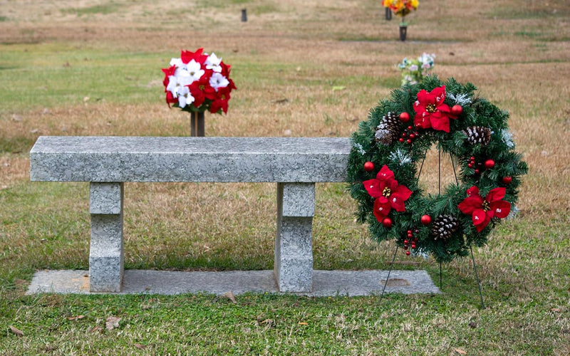 Christmas Wreath - Outdoor Christmas Decoration - 24 Inch Wreath with Frosted Red Poinsettia and Red Ornaments on 30 Inch Easel