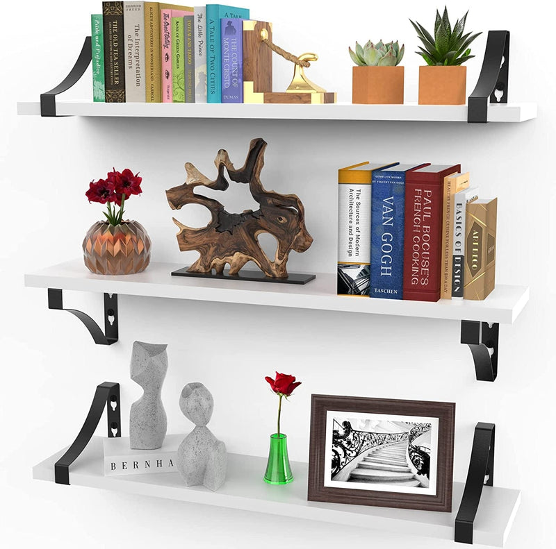 16 Inch Wall Shelves, Set of 3 Black Modern Rustic Display Shelves, Wall Mount Picture Ledges W/ Brackets by Icona Bay Furniture > Shelving > Wall Shelves & Ledges Icona Bay White 24" 