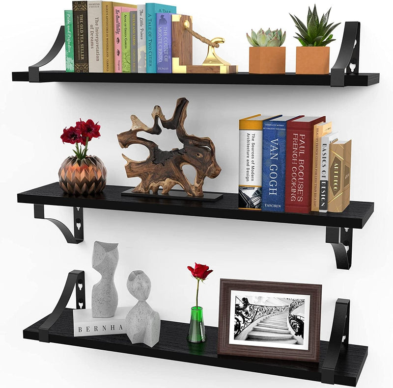 16 Inch Wall Shelves, Set of 3 Black Modern Rustic Display Shelves, Wall Mount Picture Ledges W/ Brackets by Icona Bay Furniture > Shelving > Wall Shelves & Ledges Icona Bay Black 24" 