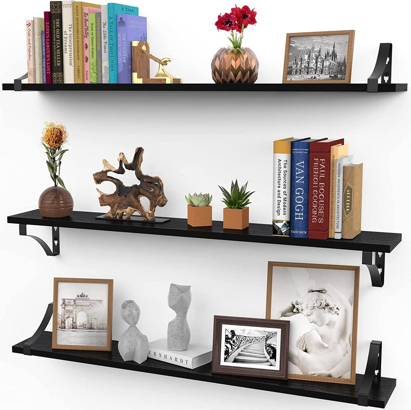 16 Inch Wall Shelves, Set of 3 Black Modern Rustic Display Shelves, Wall Mount Picture Ledges W/ Brackets by Icona Bay Furniture > Shelving > Wall Shelves & Ledges Icona Bay Black 36" 