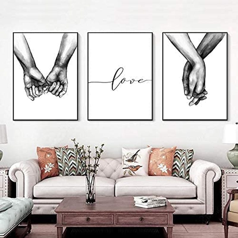 16"X20" Love and Hand in Hand Wall Art Canvas Print Poster,Simple Fashion Black and White Couples Love Hands Sketch Art Line Drawing Decor for Home Living Room Bedroom Office(Set of 3 Unframed) Home & Garden > Decor > Artwork > Posters, Prints, & Visual Artwork Kiddale 12 x 16 Inch  