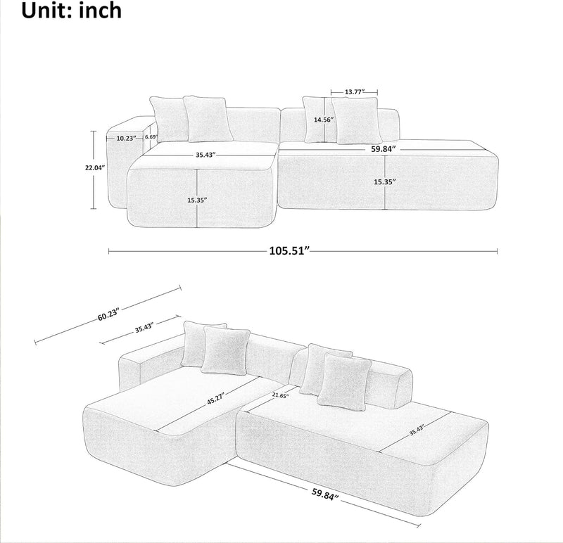 105'' Modular Sectional Couch, Modern L-Shape Sectional Sofa with Chaise Lounge, Comfy Lambswool Fabric Corner Sofa Couch, Upholstered 4 Seater Couch for Living Room, Bedroom, Apartment,Orange