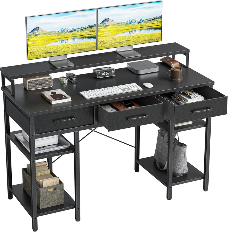 Cubicubi 47 Inch Computer Desk with 3 Drawers and Storage Shelves, Small Home Office Desk with Monitor Stand, Study Writing Table for Bedroom, Rustic Brown