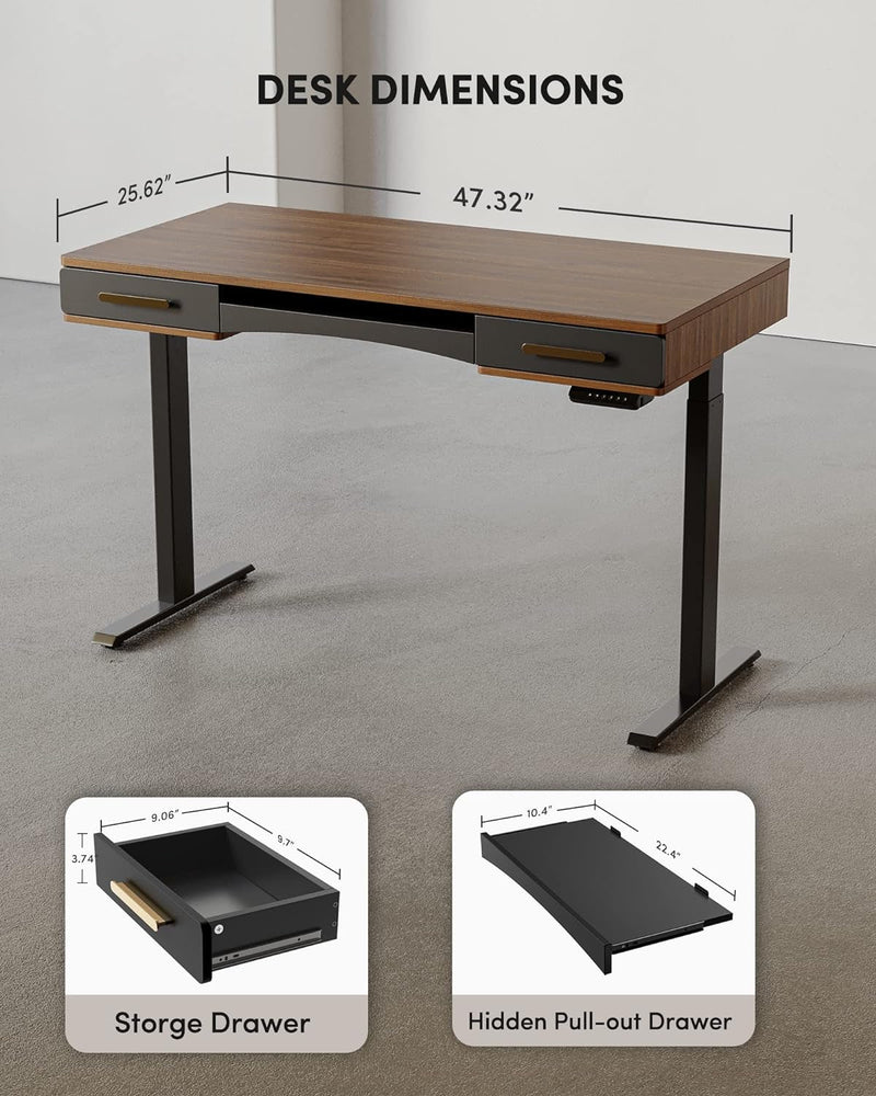 BANTI 48" X 26" Electric Standing Desk, Mid-Century Modern Desk with 3 Drawers, Stand up Home Office Desks, Vintage Top