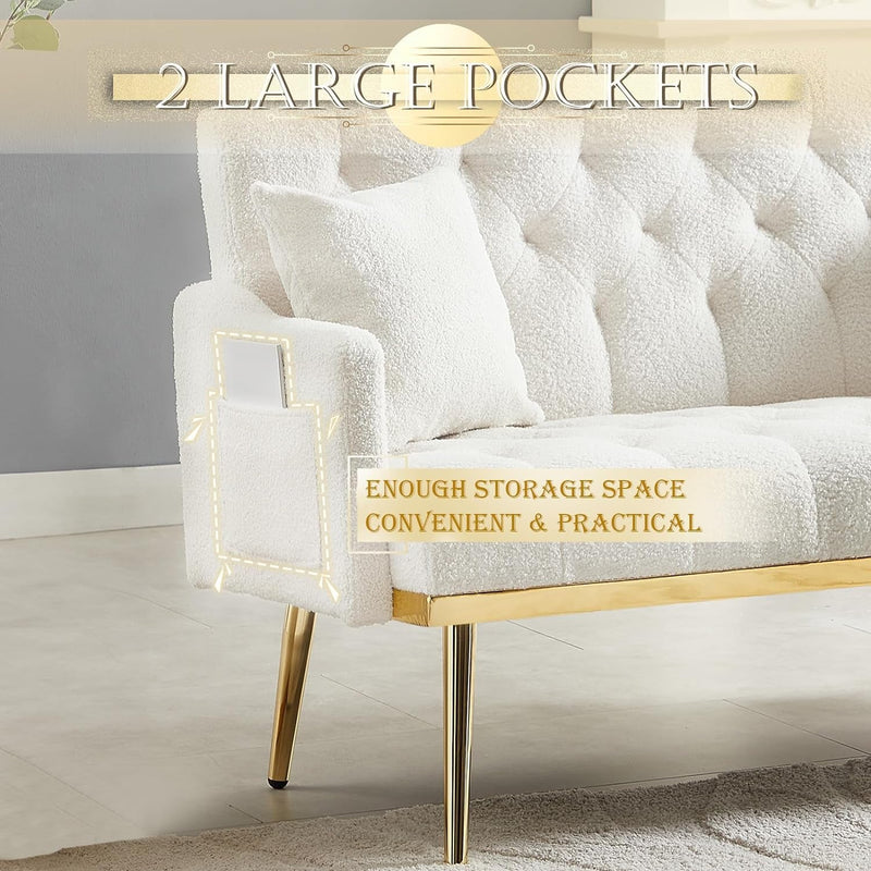 Antetek Upholstered Loveseat Sofa, Modern Small Sofa Couch with Side Pocket and Golden Metal Legs, Tufted Leisure Sofa for Living Room, Bedroom, Office, Cream White Teddy