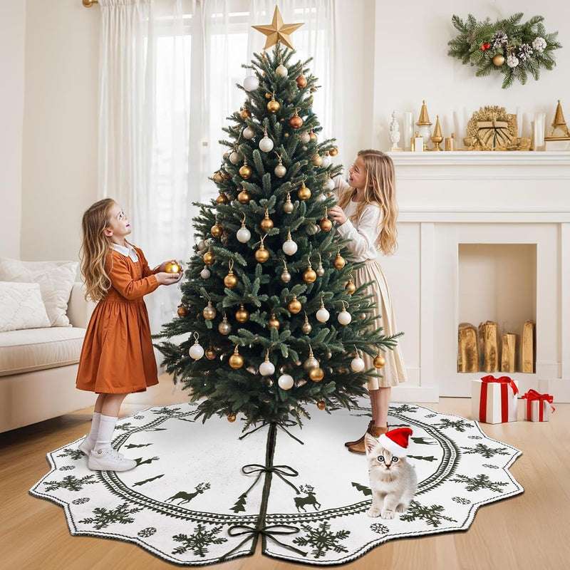 Christmas Tree Skirt 60 Inches, Knit Tree Skirt for 7Ft Tree to 9Ft Tree, Double-Sided Green and White Knitted Xmas Tree Skirt for Indoor Holiday Party Farmhouse Christmas Tree Decorations