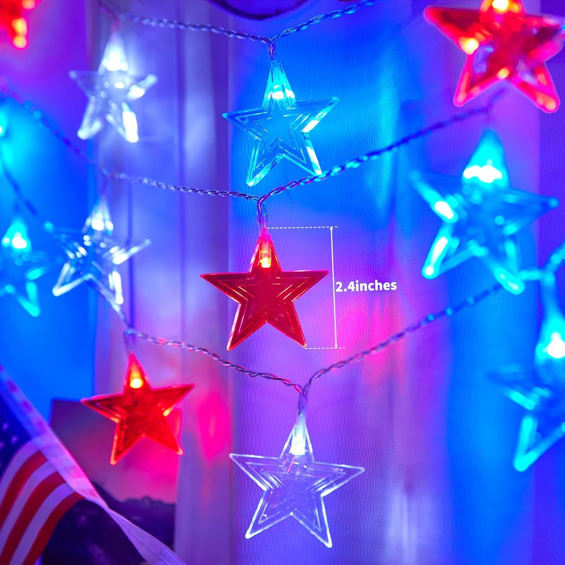 Brightown Red White Blue Star String Lights Solar Powered - 25 Ft 50 LED 4Th of July Patriotic Star Fairy Lights with 8 Modes for Independence Day Garden Golf Cart Party RV Camper Memorial Day Décor